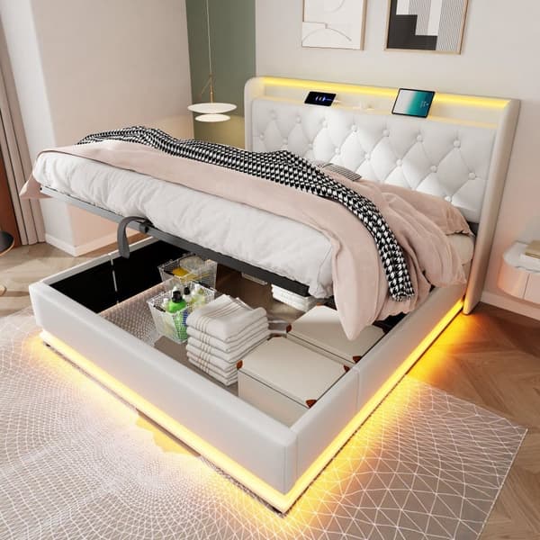 180 x 200 cm seng til opbevaring af linned - med LED og ladetilslutninger - Beige