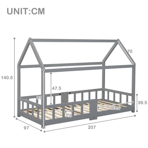 Hems seng 90x200cm lavet af massivt træ - med bræt - grå