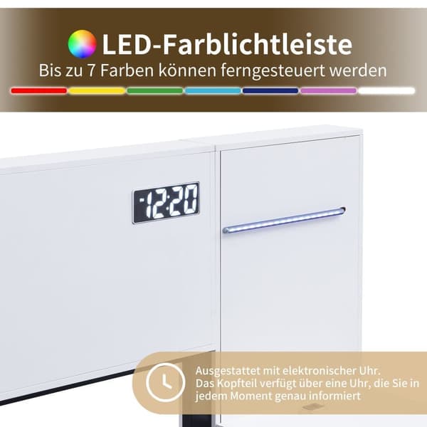 Puinen aikuisten sänky 160x200 cm - 2 yöpöydällä - USB-latausportilla, Bluetooth-kaiuttimella ja digitaalisella kellolla - valkoinen