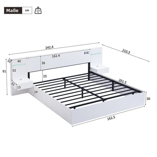 Puinen aikuisten sänky 160x200 cm - 2 yöpöydällä - USB-latausportilla, Bluetooth-kaiuttimella ja digitaalisella kellolla - valkoinen