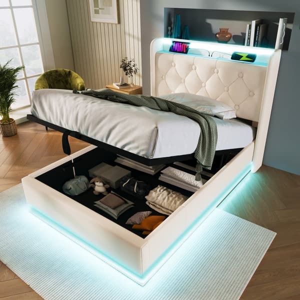 90 x 200 cm förvaringssäng i konstläder - med LED och USB- och typ C-anslutningar - vit