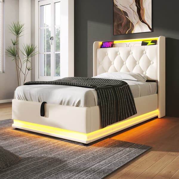 90 x 200 cm förvaringssäng i konstläder - med LED och USB- och typ C-anslutningar - vit
