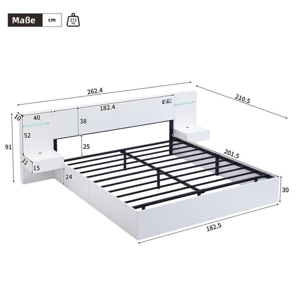 Träsäng för vuxna 180x200 cm - med 2 sängbord - med USB-laddningsport, Bluetooth-högtalare och digital klocka - vit