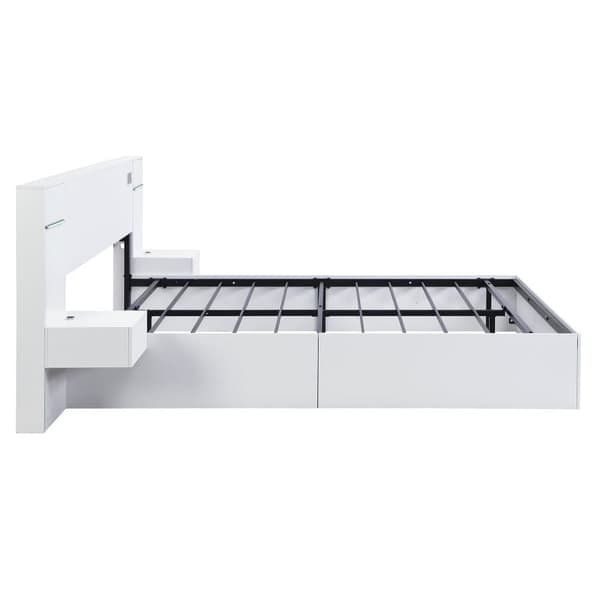 Träsäng för vuxna 180x200 cm - med 2 sängbord - med USB-laddningsport, Bluetooth-högtalare och digital klocka - vit