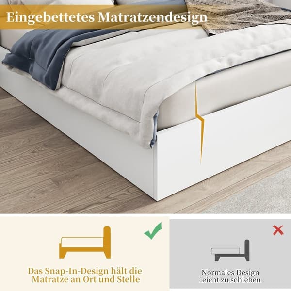 Träsäng för vuxna 180x200 cm - med 2 sängbord - med USB-laddningsport, Bluetooth-högtalare och digital klocka - vit