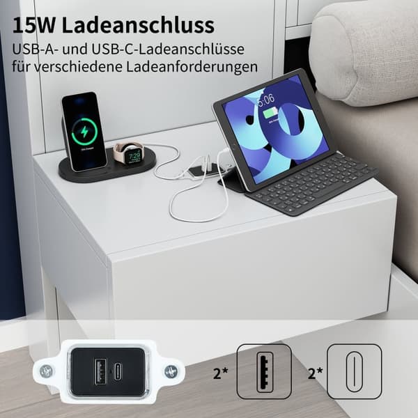 Träsäng för vuxna 180x200 cm - med 2 sängbord - med USB-laddningsport, Bluetooth-högtalare och digital klocka - vit