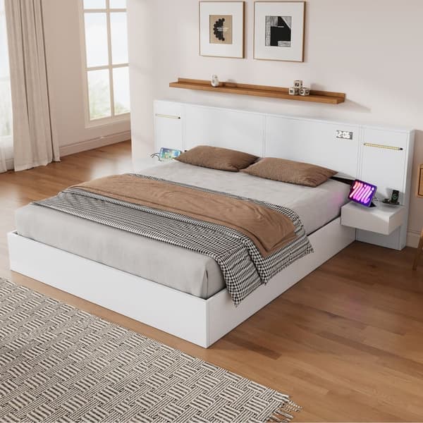 Träsäng för vuxna 180x200 cm - med 2 sängbord - med USB-laddningsport, Bluetooth-högtalare och digital klocka - vit