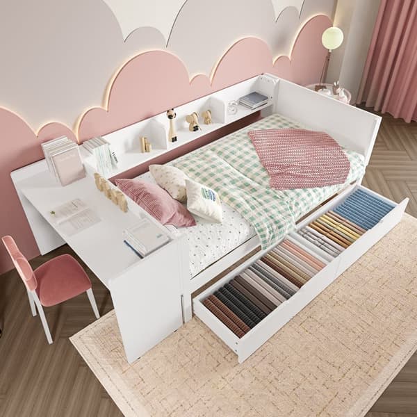 Enkelsäng för barn 90x200 cm - med skrivbord - med 2 lådor - med hyllor - massivt trä - vit (utan madrass)