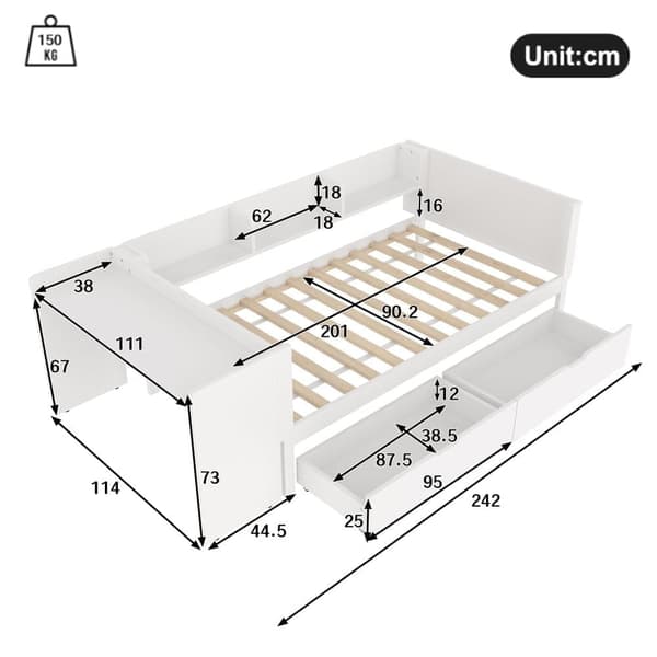Enkelsäng för barn 90x200 cm - med skrivbord - med 2 lådor - med hyllor - massivt trä - vit (utan madrass)