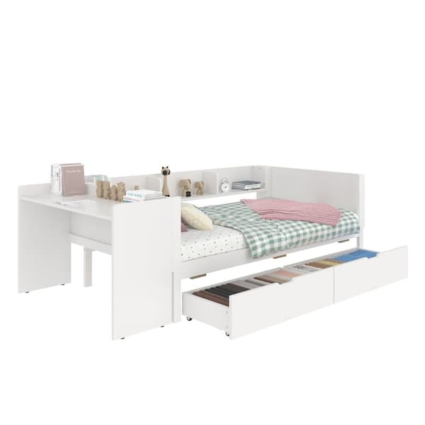 Enkelsäng för barn 90x200 cm - med skrivbord - med 2 lådor - med hyllor - massivt trä - vit (utan madrass)