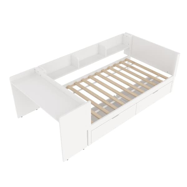 Enkelsäng för barn 90x200 cm - med skrivbord - med 2 lådor - med hyllor - massivt trä - vit (utan madrass)
