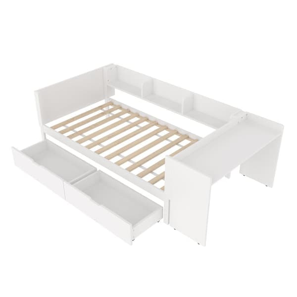 Enkelsäng för barn 90x200 cm - med skrivbord - med 2 lådor - med hyllor - massivt trä - vit (utan madrass)