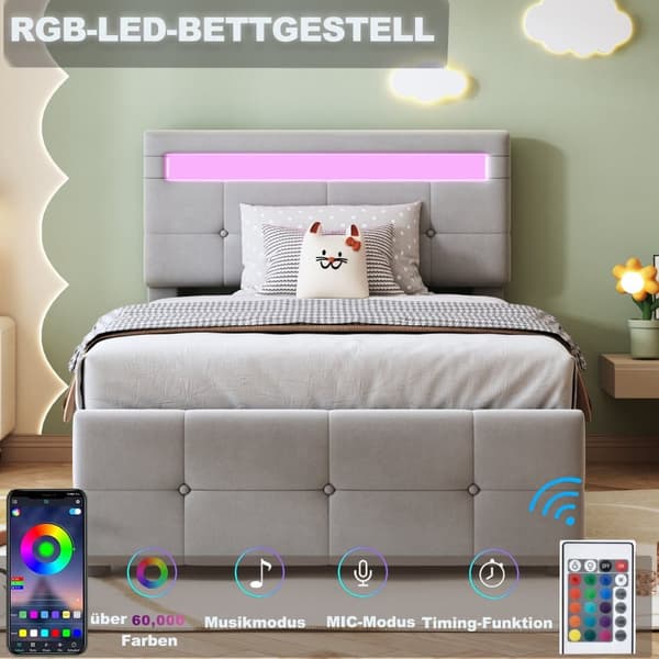 Sammetsklädd förvaringssäng 90 x 200 cm - med LED och lamellram - grå