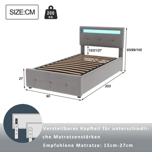 Sammetsklädd förvaringssäng 90 x 200 cm - med LED och lamellram - grå