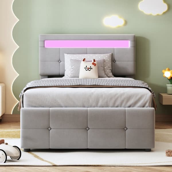 Sammetsklädd förvaringssäng 90 x 200 cm - med LED och lamellram - grå