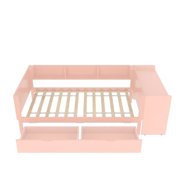 Enkelsäng för barn 90x200 cm - med skrivbord - med 2 lådor - med hyllor - massivt trä - rosa (utan madrass)