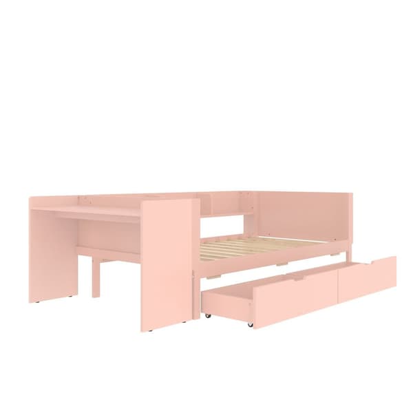 Enkelsäng för barn 90x200 cm - med skrivbord - med 2 lådor - med hyllor - massivt trä - rosa (utan madrass)