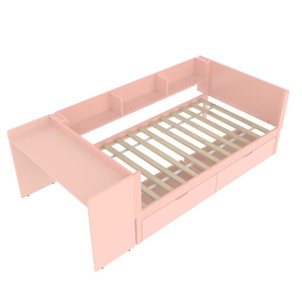 Enkelsäng för barn 90x200 cm - med skrivbord - med 2 lådor - med hyllor - massivt trä - rosa (utan madrass)