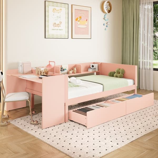 Enkelsäng för barn 90x200 cm - med skrivbord - med 2 lådor - med hyllor - massivt trä - rosa (utan madrass)