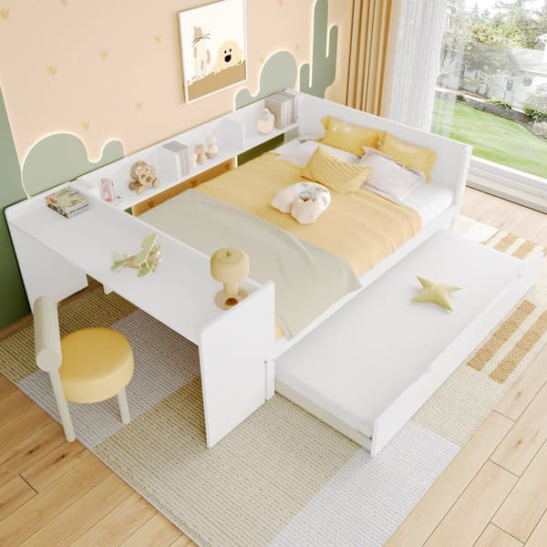 Dobbeltseng til børn 140x200 cm - med skrivebord - med udtræksseng - med lamelbund - massivt træ - hvid (uden madras)