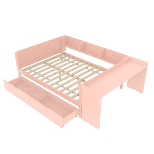 Enkelsäng för barn 140x200 cm - med skrivbord - med 2 lådor - med hyllor - massivt trä - rosa (utan madrass)