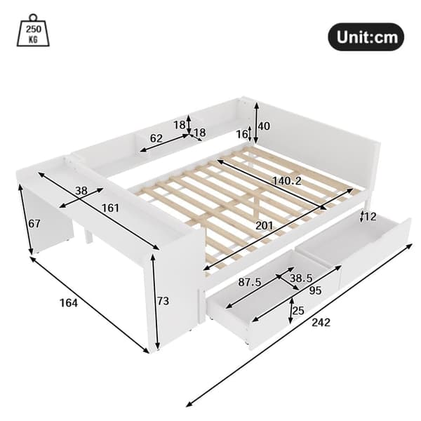 Enkeltseng til børn 140x200 cm - med skrivebord - med 2 skuffer - med hylder - massivt træ - hvid (uden madras)