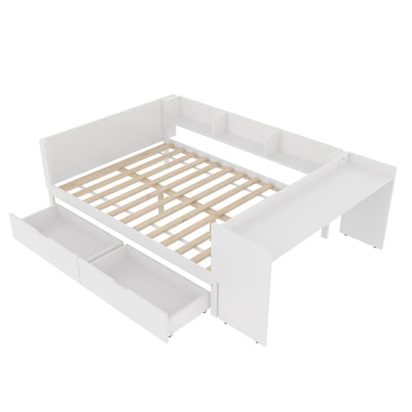 Enkeltseng til børn 140x200 cm - med skrivebord - med 2 skuffer - med hylder - massivt træ - hvid (uden madras)