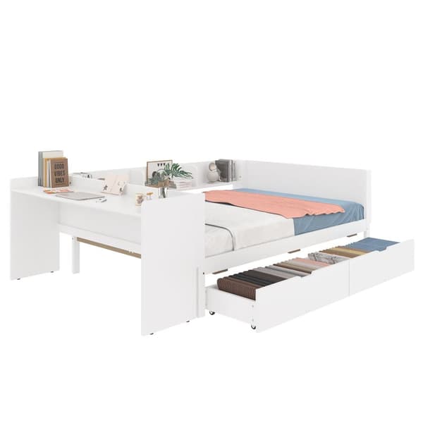 Enkeltseng til børn 140x200 cm - med skrivebord - med 2 skuffer - med hylder - massivt træ - hvid (uden madras)