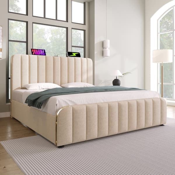 160 x 200 cm opbevaringsseng lavet af hørstof - med USB og type C opladning - dekoreret med gyldne striber - Beige
