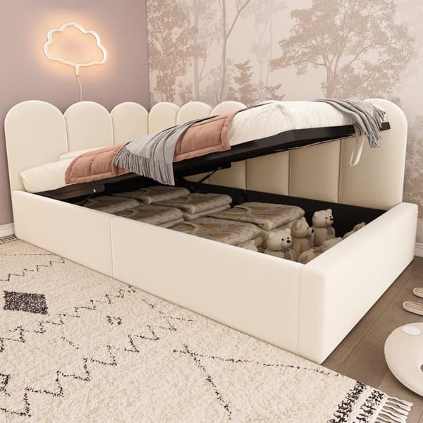 Soveskammel med opbevaringsplads - Fløjlsstof - 90x200 cm - Med Stel - Beige