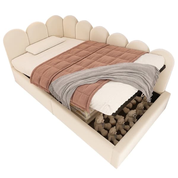 Soveskammel med opbevaringsplads - Fløjlsstof - 90x200 cm - Med Stel - Beige