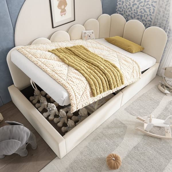 Soveskammel med opbevaringsplads - Fløjlsstof - 90x200 cm - Med Stel - Beige