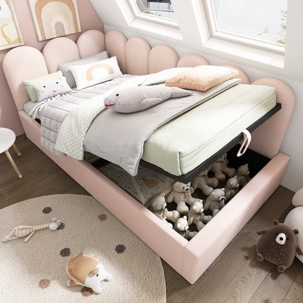 Bäddsoffa med förvaringsutrymme - sammetstyg - 90x200 cm - med spjälstomme - rosa