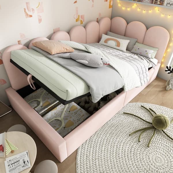 Bäddsoffa med förvaringsutrymme - sammetstyg - 90x200 cm - med spjälstomme - rosa