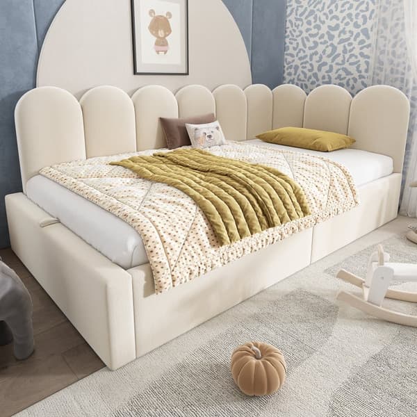 Soveskammel med opbevaringsplads - Fløjlsstof - 90x190 cm - Med Stel - Beige