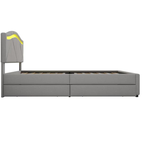 Stoppad säng 90x200 cm - med LED-belysning - med 2 lådor - linne - säng med lamellram - grå (utan madrass)