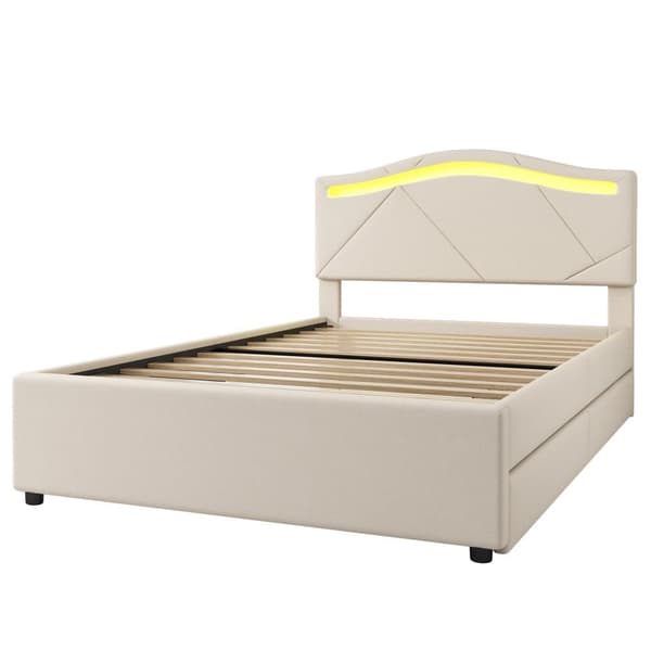 Pehmustettu sänky 90x200 cm - LED-valaistuksella - 2 laatikolla - liinavaatteet - sälekehyssänky - beige (ilman patjaa)