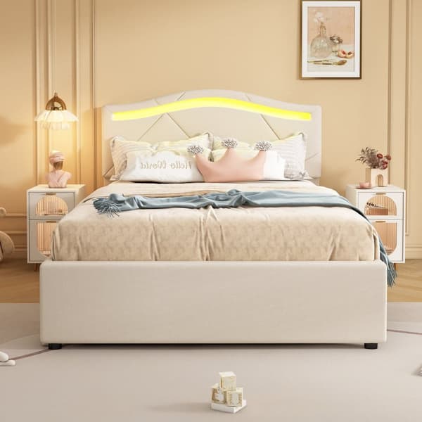 Pehmustettu sänky 90x200 cm - LED-valaistuksella - 2 laatikolla - liinavaatteet - sälekehyssänky - beige (ilman patjaa)