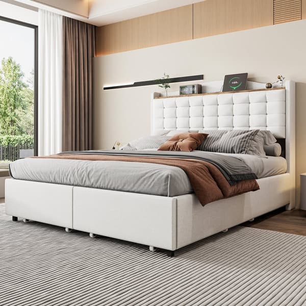 Polstret dobbeltseng 140x200 cm - med USB - med 4 skuffer - Linned - Beige (uden madras)