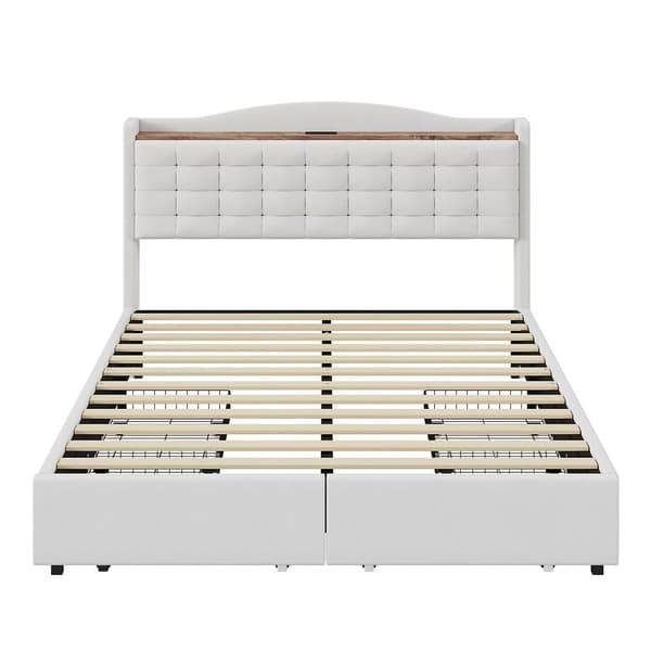 Polstret dobbeltseng 140x200 cm - med USB - med 4 skuffer - Linned - Beige (uden madras)