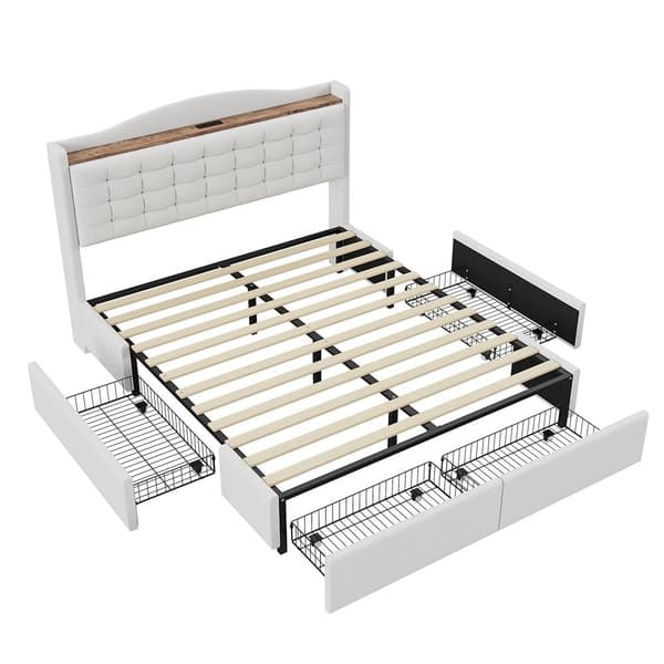 Polstret dobbeltseng 140x200 cm - med USB - med 4 skuffer - Linned - Beige (uden madras)