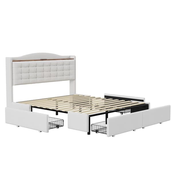 Polstret dobbeltseng 140x200 cm - med USB - med 4 skuffer - Linned - Beige (uden madras)