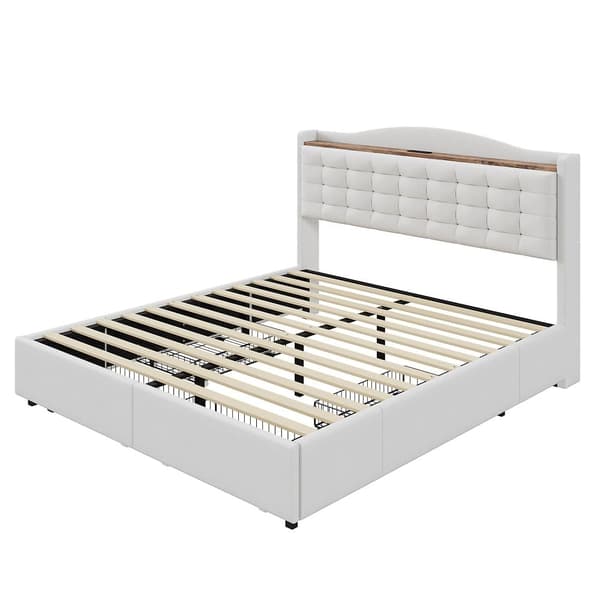 Polstret dobbeltseng 140x200 cm - med USB - med 4 skuffer - Linned - Beige (uden madras)