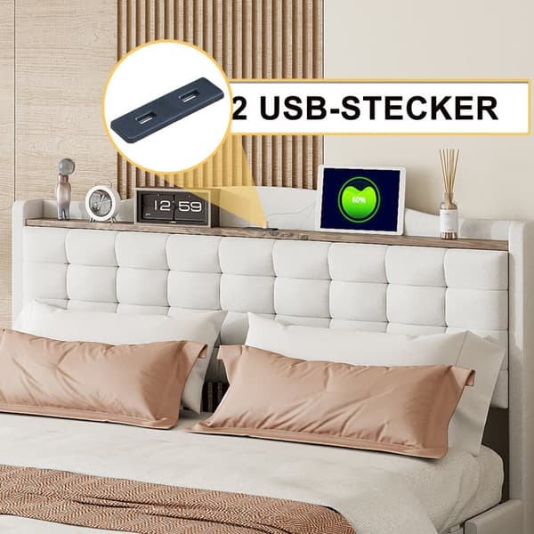 Polstret dobbeltseng 140x200 cm - med USB - med 4 skuffer - Linned - Beige (uden madras)
