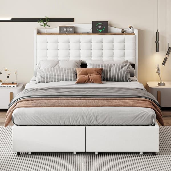 Polstret dobbeltseng 140x200 cm - med USB - med 4 skuffer - Linned - Beige (uden madras)
