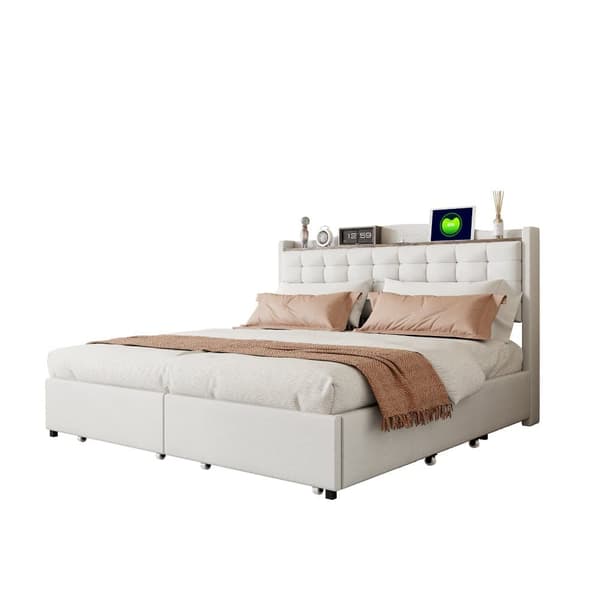 Linnedseng til voksne, 160 x 200 cm - med USB-tilslutning og 4 skuffer - lamelramme - hvid