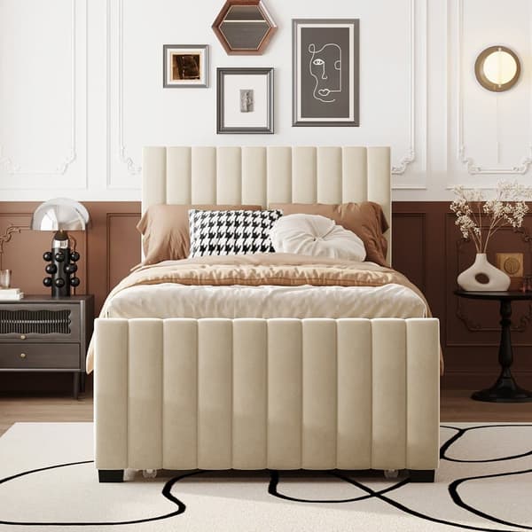 Stoppad säng 90x190cm i sammet - med utdragbar säng 90x190cm - Beige