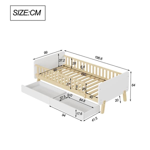 Børneseng 90x190cm med 2 skuffer - Enkeltseng af massivt træ med lamelramme - Hvid