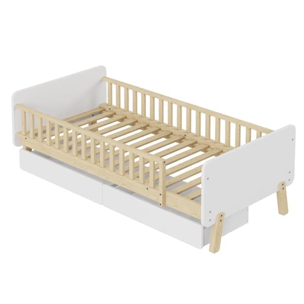 Børneseng 90x190cm med 2 skuffer - Enkeltseng af massivt træ med lamelramme - Hvid
