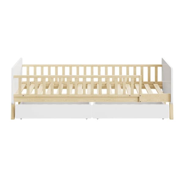 Børneseng 90x190cm med 2 skuffer - Enkeltseng af massivt træ med lamelramme - Hvid